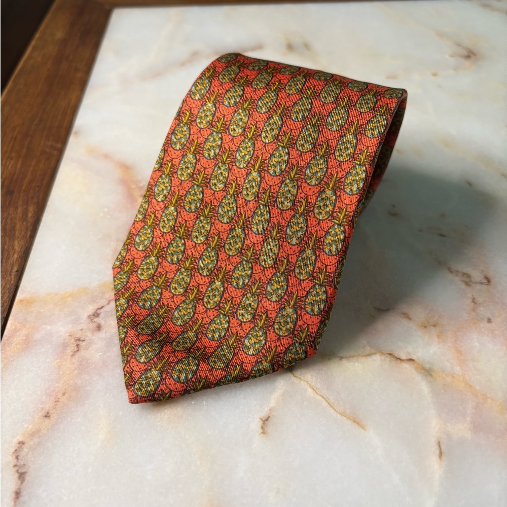 Hermes 100% Silk Vibrant Orange and Yellow Pineapple/Fruit Patterned Tie